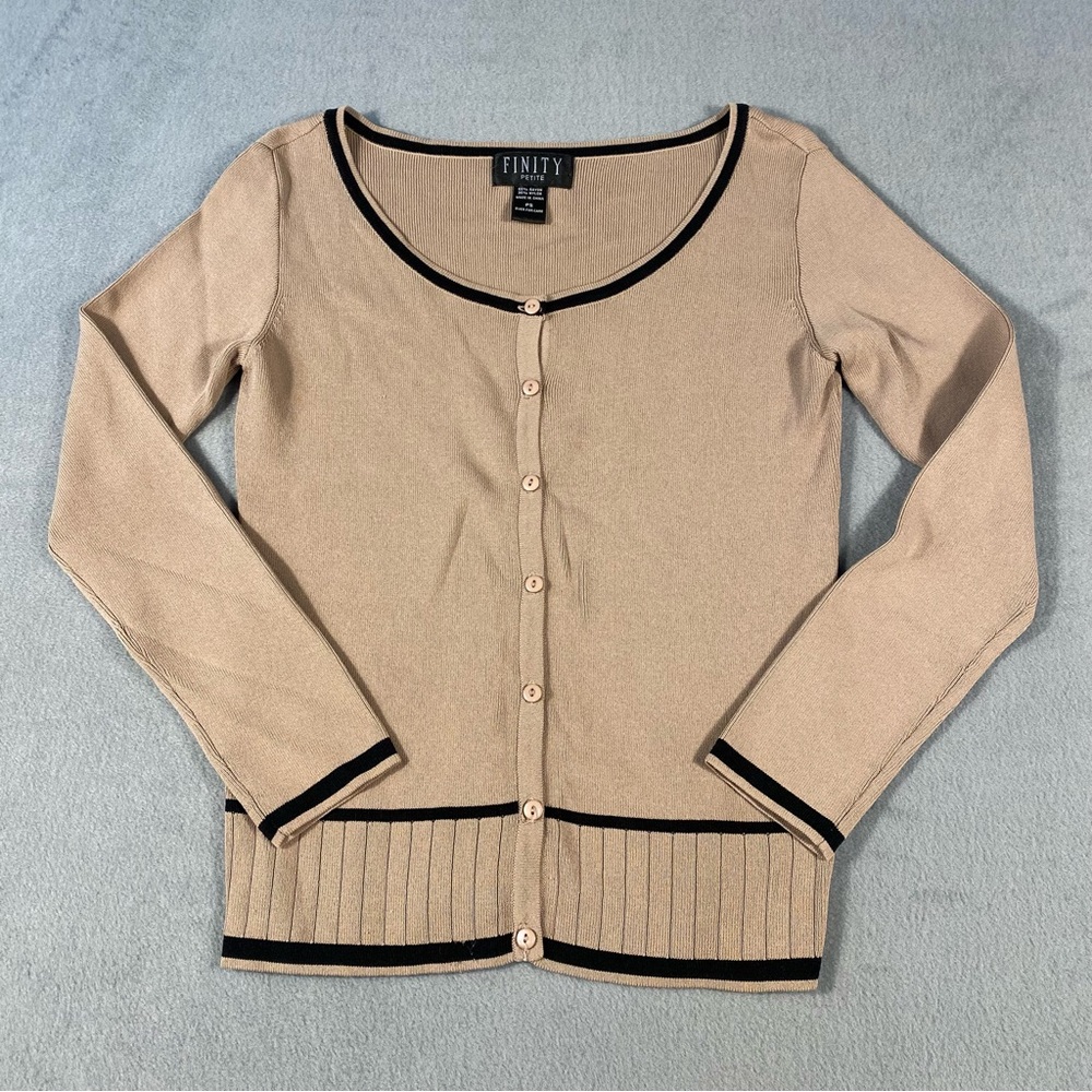 Finity Petite Women's Beige Cardigan with Black Trim, size PS